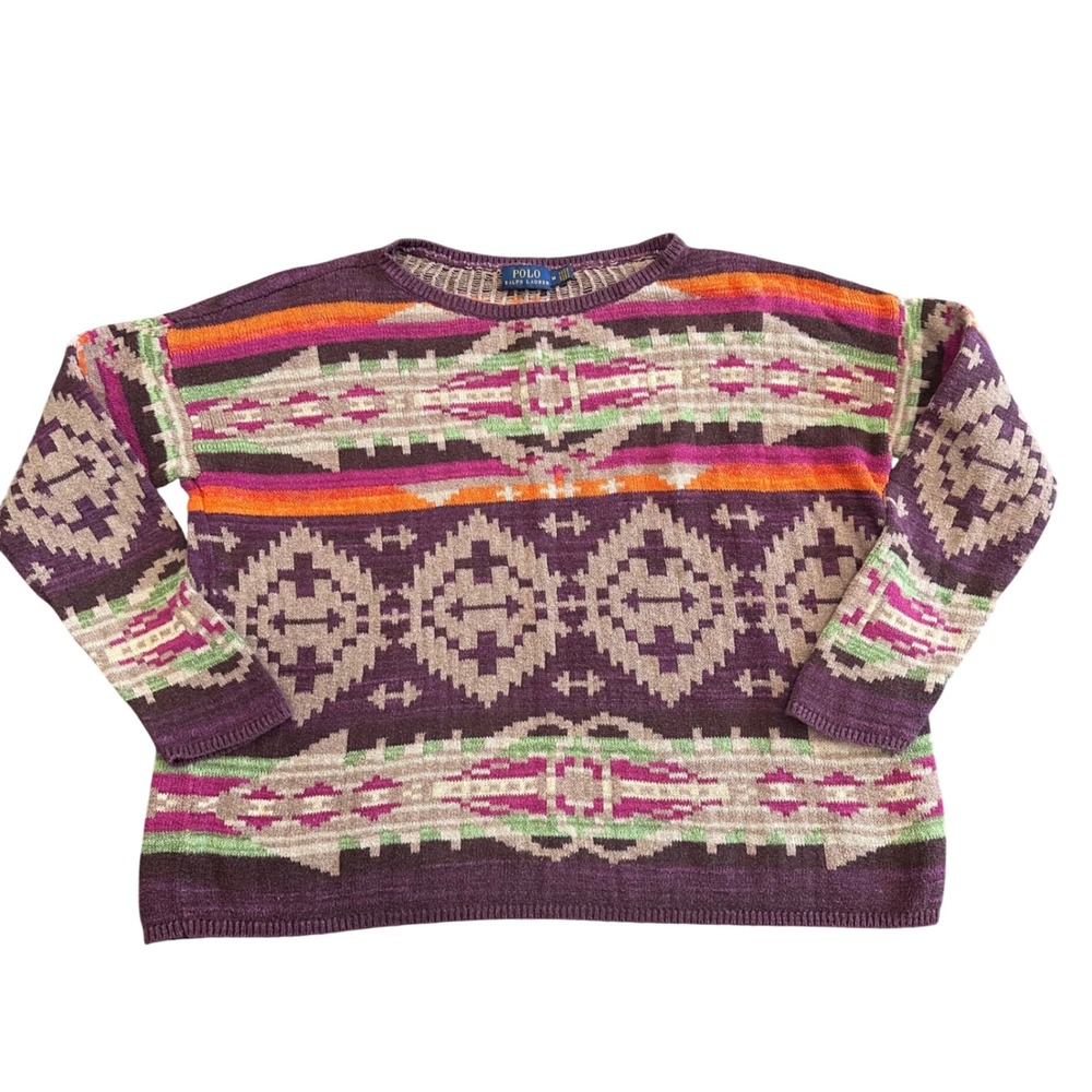 Polo Ralph Lauren Women Purple Southwestern Geometric Cotton Knit Sweater Medium